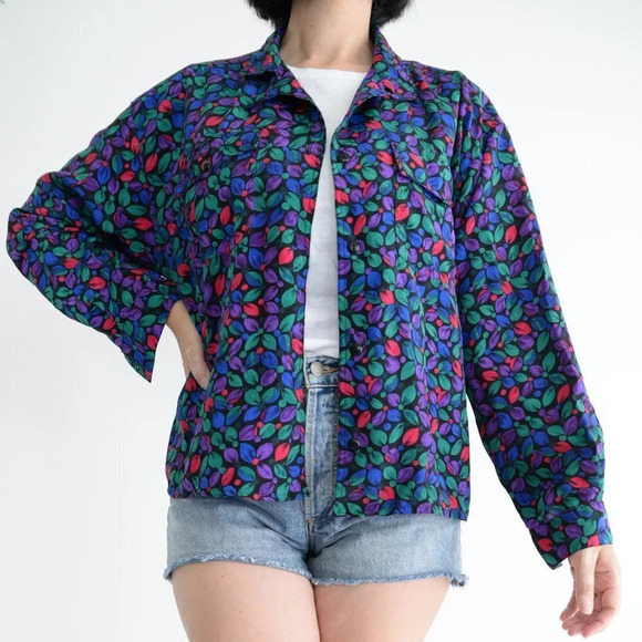 Vintage Black Green Blue Red Floral Button Up Long Sleeve Blouse - Picture 1 of 15